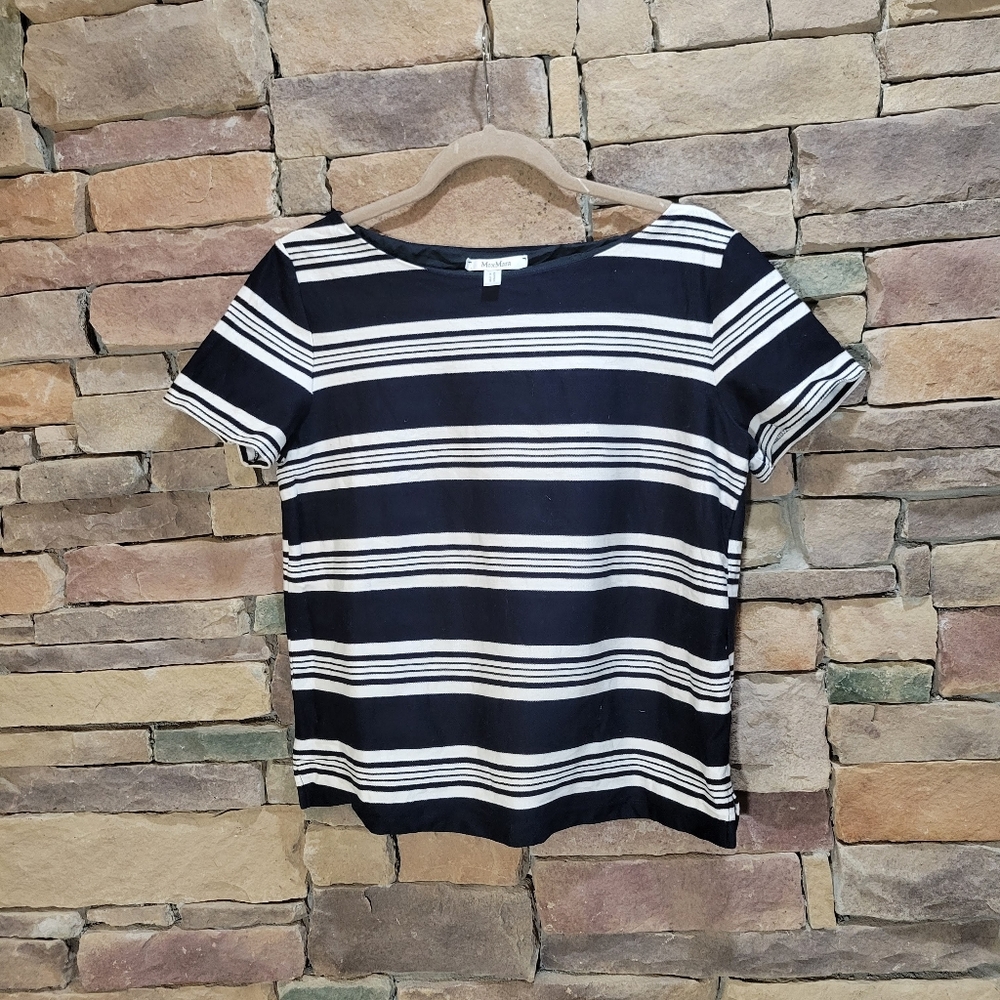 MaxMara Navy Blue & White Striped Short Sleeve Top XL